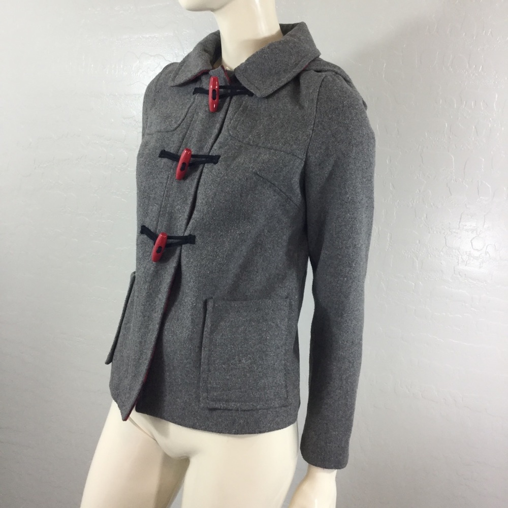 Old Navy Grey Toggle Coat with Red Plaid Accent - Picture 3 of 8